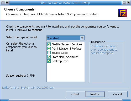 Installation : �cran du choix des composants